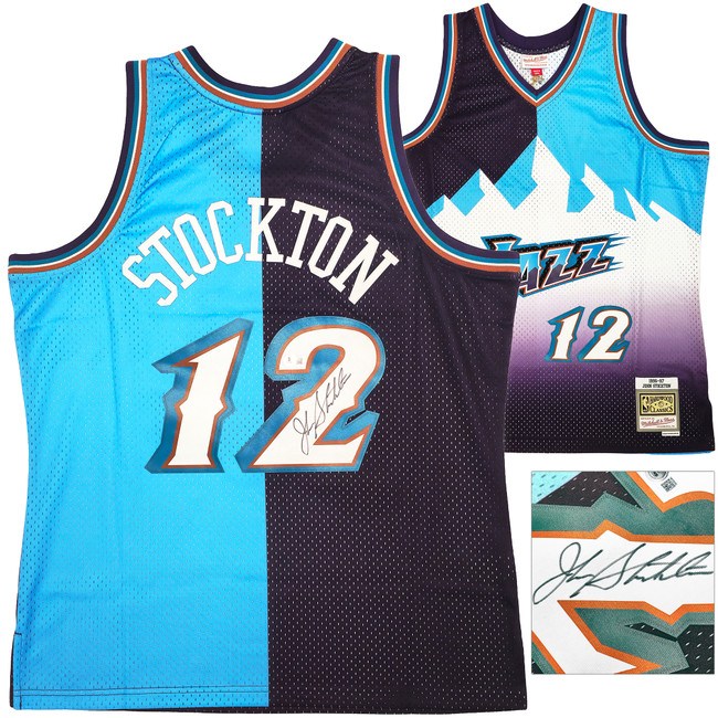 Utah Jazz John Stockton Autographed Blue & Purple Authentic Mitchell & Ness 1996-97 Hardwood Classic Swingman Split Jersey Size XL Beckett BAS Witness Stock #224341