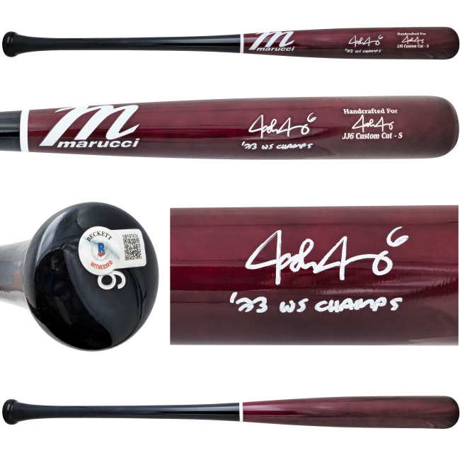 Josh Jung Autographed Maroon & Navy Marucci Player Model Baseball Bat Texas Rangers "23 WS Champs" Beckett BAS Witness Stock #224406