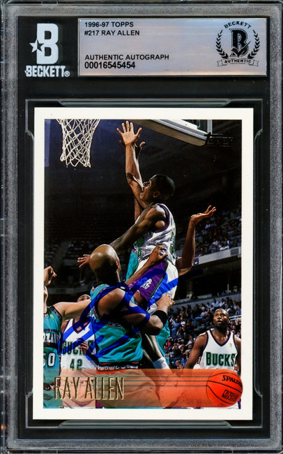 Ray Allen Autographed 1996 Topps Rookie Card #217 Milwaukee Bucks Beckett BAS #16545454