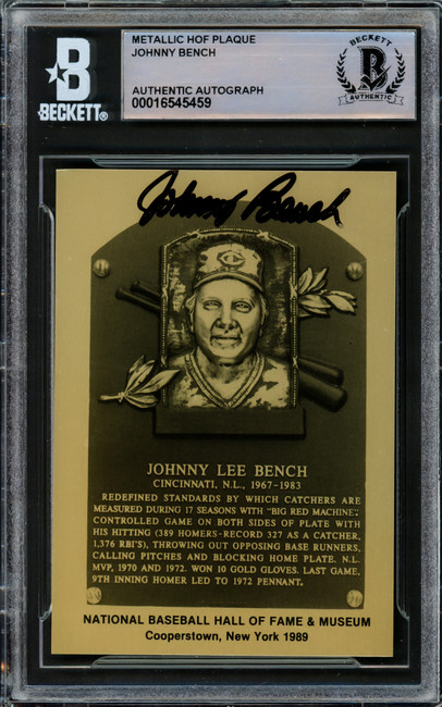 Johnny Bench Autographed 1989 Hall of Fame Metallic Plaque Card Cincinnati Reds Beckett BAS #16545459