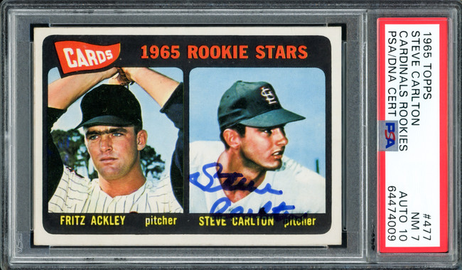 Steve Carlton Autographed 1965 Topps Rookie Card #477 St. Louis Cardinals PSA 7 Auto Grade Gem Mint 10 PSA/DNA #64474009