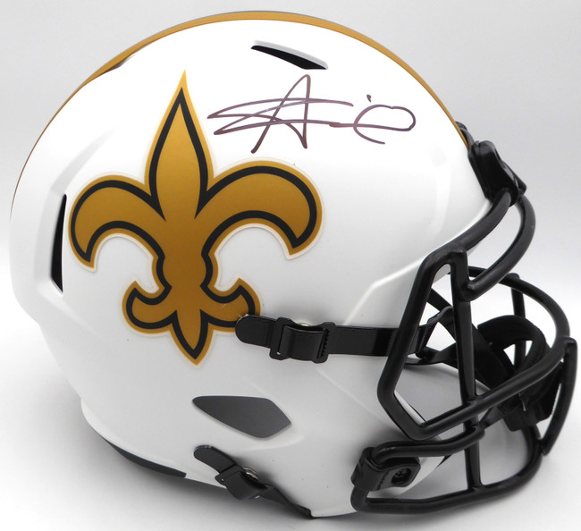 Alvin Kamara Autographed Lunar Eclipse White Full Size Replica Helmet New Orleans Saints (Smudged) Beckett BAS #1W403050