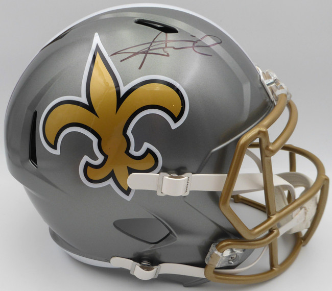 Alvin Kamara Autographed Flash Gold Full Size Replica Helmet New Orleans Saints (Smudged) Beckett BAS QR #1W403113