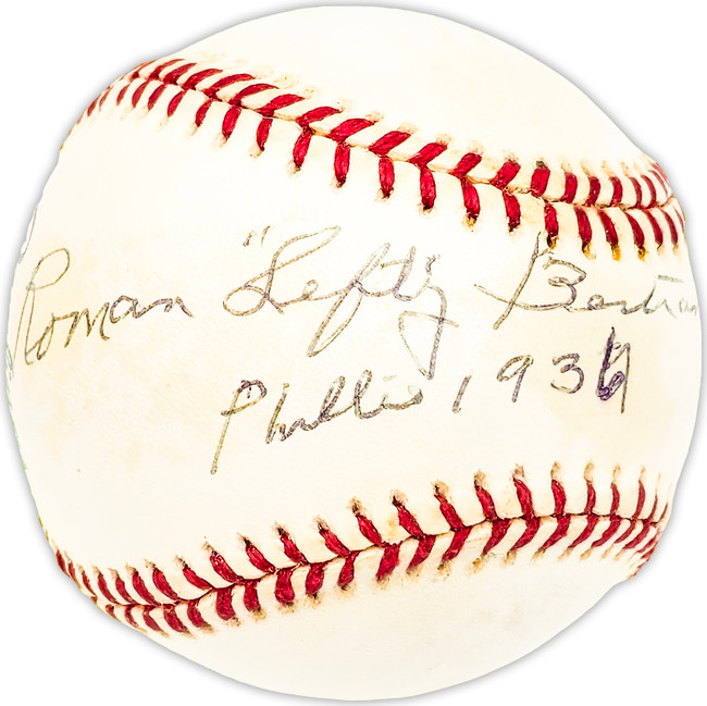 Roman Lefty Bertrand Autographed Official NL Baseball Philadelphia Phillies "Phillies 1936 " Beckett BAS QR #BM25316