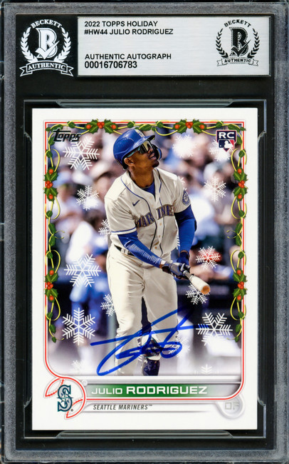 Julio Rodriguez Autographed 2022 Topps Holiday Rookie Card #HW99 Seattle Mariners Beckett BAS Stock #228015