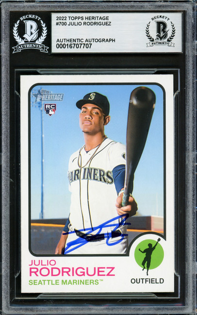 Julio Rodriguez Autographed 2022 Topps Heritage Rookie Card #700 Seattle Mariners Beckett BAS Stock #228025