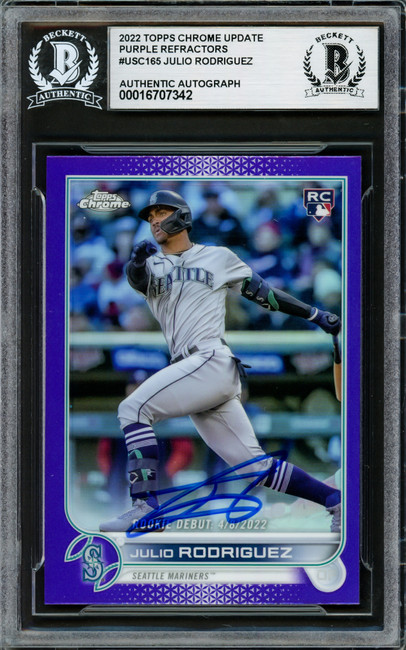 Julio Rodriguez Autographed 2022 Topps Chrome Update Purple Refractors Rookie Card #USC165 Seattle Mariners Beckett BAS Stock #228020