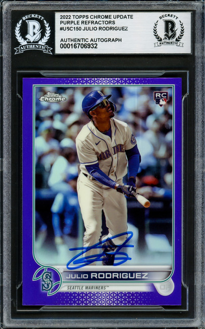 Julio Rodriguez Autographed 2022 Topps Chrome Update Purple Refractors Rookie Card #USC150 Seattle Mariners Beckett BAS Stock #228019