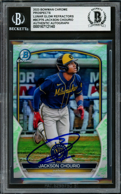 Jackson Chourio Autographed 2023 Bowman Chrome Lunar Refractor Rookie Card #BCP76 Milwaukee Brewers Beckett BAS #16712140