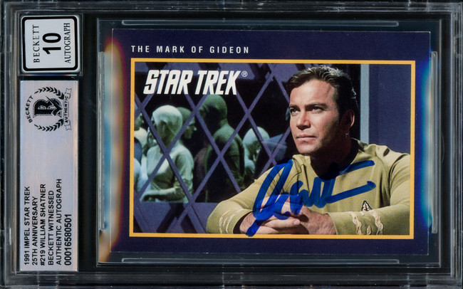 William Shatner Autographed 1991 Impel 25th Anniversary Card #219 Star Trek Captain Kirk Auto Grade Gem Mint 10 Beckett BAS #16580501