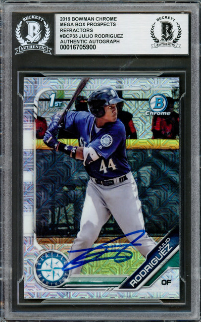 Julio Rodriguez Autographed 2019 1st Bowman Chrome Mega Refractor Rookie Card #BCP33 Seattle Mariners Beckett BAS #16705900