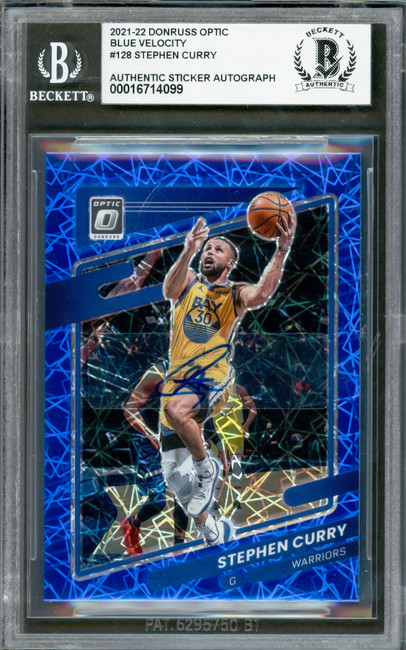 Stephen Curry Autographed 2021-22 Donruss Optic Blue Velocity Prizm Card #128 Golden State Warriors Beckett BAS #16714099