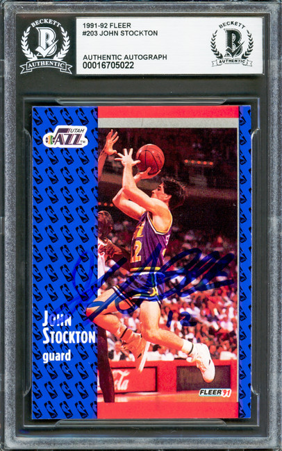 John Stockton Autographed 1991-92 Fleer Card #203 Utah Jazz Beckett BAS #16705022
