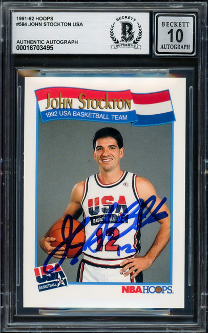 John Stockton Autographed 1991-92 Hoops Card #584 USA Dream Team Auto Grade Gem Mint 10 Beckett BAS #16703495