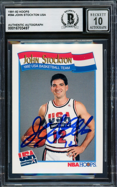 John Stockton Autographed 1991-92 Hoops Card #584 USA Dream Team Auto Grade Gem Mint 10 Beckett BAS #16703497