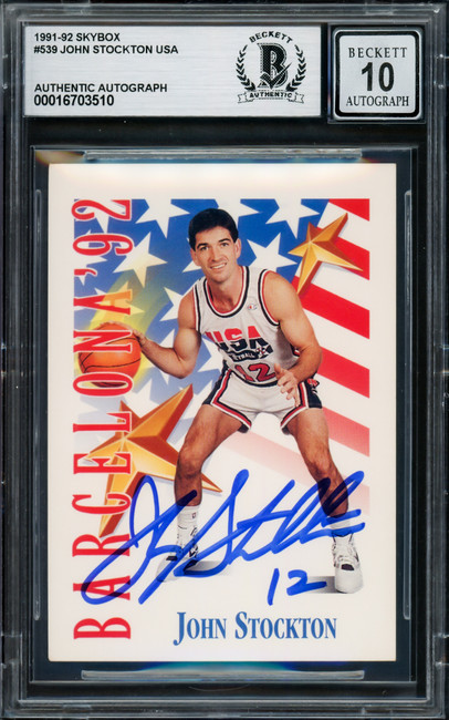 John Stockton Autographed 1991-92 Skybox Card #539 USA Dream Team Auto Grade Gem Mint 10 Beckett BAS #16703510