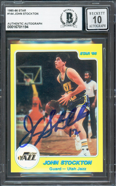 John Stockton Autographed 1985-86 Star Rookie Card #144 Utah Jazz Auto Grade Gem Mint 10 Beckett BAS #16701194