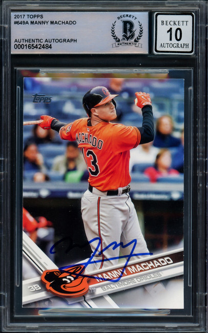 Manny Machado Autographed 2017 Topps Card #649 Baltimore Orioles Auto Grade Gem Mint 10 Beckett BAS Stock #228982