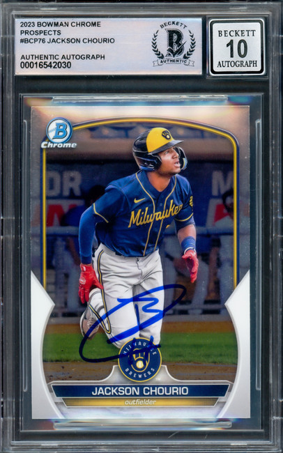 Jackson Chourio Autographed 2023 Bowman Chrome Prospects Rookie Card #BCP76 Milwaukee Brewers Auto Grade Gem Mint 10 Beckett BAS Stock #228975