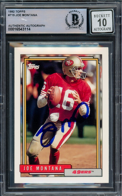 Joe Montana Autographed 1992 Topps Card #719 San Francisco 49ers Auto Grade Gem Mint 10 Beckett BAS Stock #229000