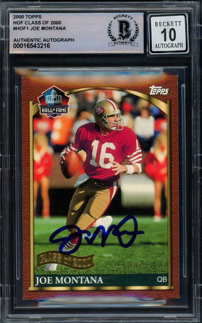 Joe Montana Autographed 2000 Topps Hall of Fame Class Card #HOF1 San Francisco 49ers Auto Grade Gem Mint 10 Beckett BAS Stock #229003