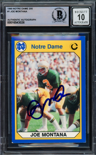 Joe Montana Autographed 1990 Collegiate Collection Card #1 Notre Dame Auto Grade Gem Mint 10 Beckett BAS Stock #228993