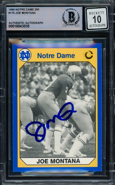 Joe Montana Autographed 1990 Collegiate Collection Card #170 Notre Dame Auto Grade Gem Mint 10 Beckett BAS Stock #228994