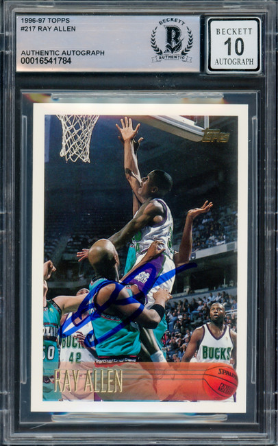 Ray Allen Autographed 1996 Topps Rookie Card #217 Milwaukee Bucks Auto Grade Gem Mint 10 Beckett BAS Stock #228970