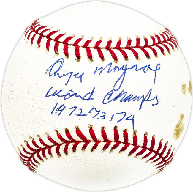 Angel Mangual Autographed Official MLB Baseball Oakland A's "World Champs 1972, 73, 74" Beckett BAS QR #BM17858