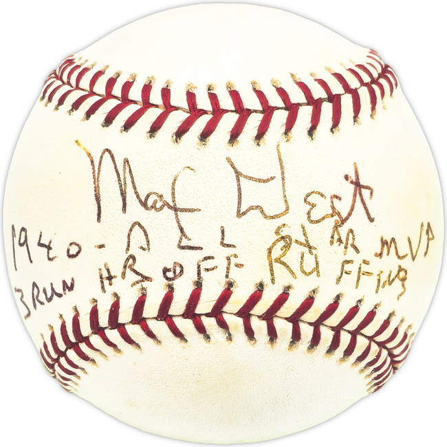 Max West Autographed Official NL Baseball Boston Bees "1940 All Star MVP 3 Run HR off Ruffing" Beckett BAS QR #BM25886