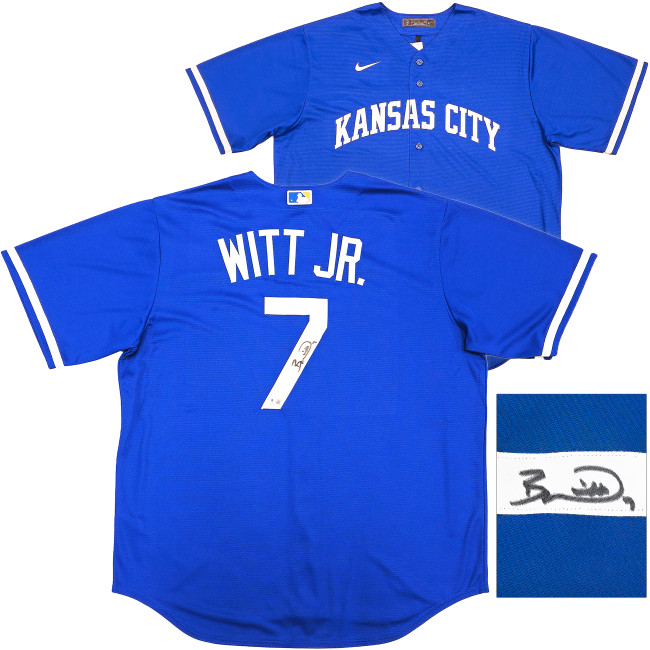 Kansas City Royals Bobby Witt Jr. Autographed Blue Nike Jersey Size XL Beckett BAS Witness Stock #228964