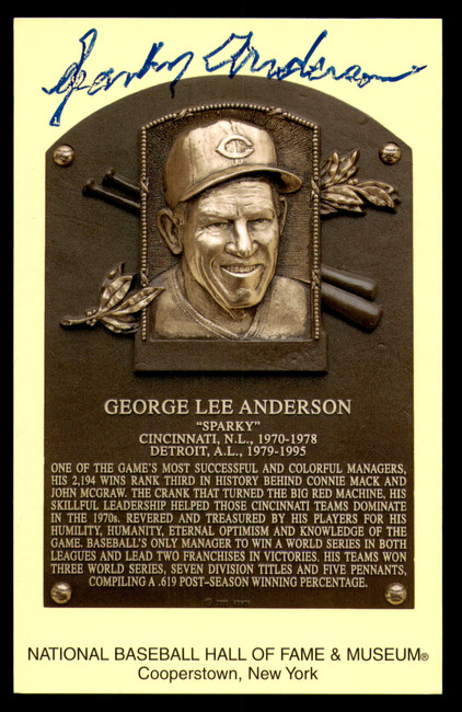 Sparky Anderson Autographed Hall of Fame HOF Plaque Postcard Cincinnati Reds SKU #230474