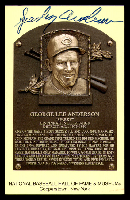 Sparky Anderson Autographed Hall of Fame HOF Plaque Postcard Cincinnati Reds SKU #230475