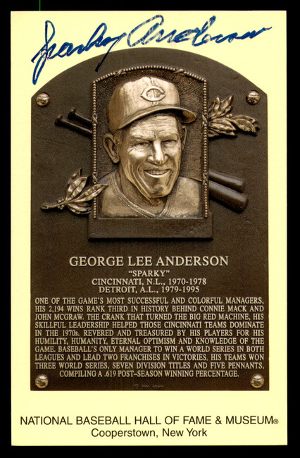 Sparky Anderson Autographed Hall of Fame HOF Plaque Postcard Cincinnati Reds SKU #230476