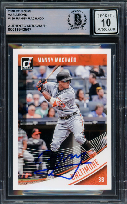 Manny Machado Autographed 2018 Donruss Variation Card #189 Baltimore Orioles Auto Grade Gem Mint 10 Beckett BAS #16542507