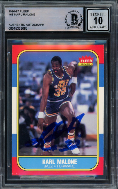 Karl Malone Autographed 1986 Fleer Rookie Card #68 Utah Jazz Auto Grade Gem Mint 10 Beckett BAS #15333065
