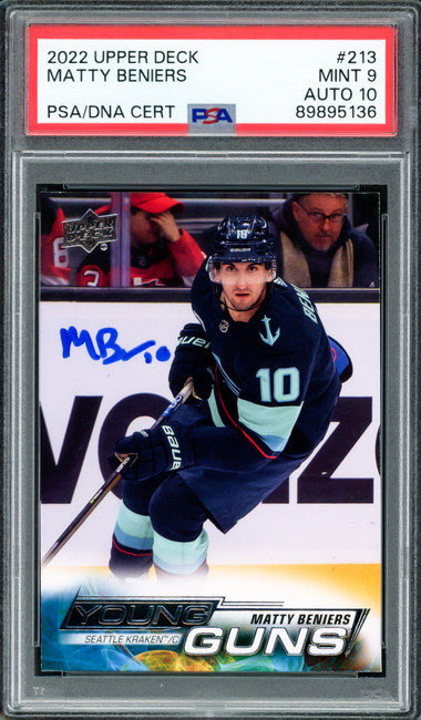 Matty Beniers Autographed 2022 Upper Deck Young Guns Rookie Card #213 Seattle Kraken PSA 9 Auto Grade Gem Mint 10 PSA/DNA #89895136