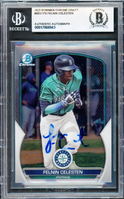 Felnin Celesten Autographed 2023 Bowman Chrome Draft Rookie Card #BDC178 Seattle Mariners Beckett BAS #17068943 Felnin Celesten Autographed 2023 Bowman Chrome Draft Rookie Card #BDC178 Seattle Mariners Beckett BAS #17068943