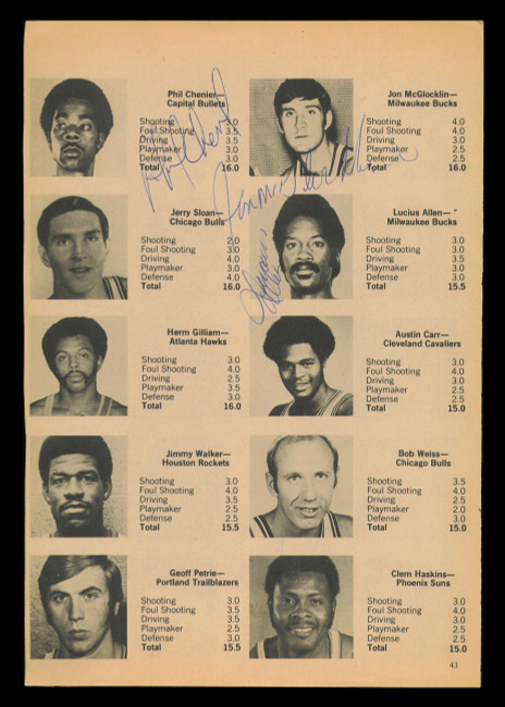 Phil Chenier, Lucius Allen & Jon McGlocklin Autographed 7x11 Magazine Photo Fred Brown & 2 Others On Back SKU #237941 Phil Chenier, Lucius Allen & Jon McGlocklin Autographed 7x11 Magazine Photo Fred Brown & 2 Others On Back SKU #237941