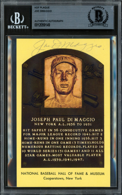 Joe DiMaggio Autographed Hall of Fame HOF Plaque Postcard New York Yankees Beckett BAS #12059149