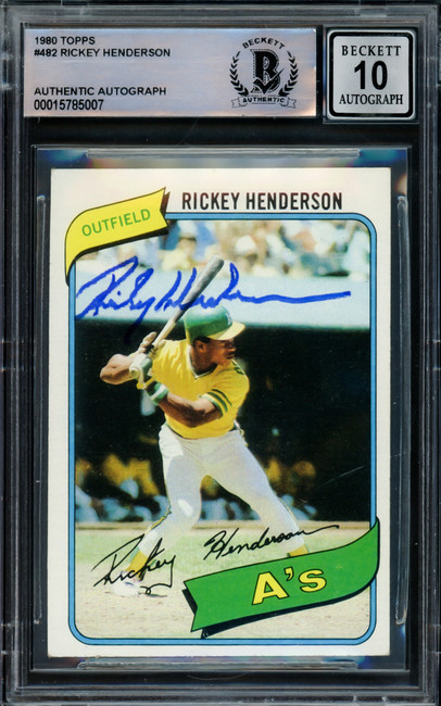 Rickey Henderson Autographed 1980 Topps Rookie Card #482 Oakland A's Auto Grade Gem Mint 10 Beckett BAS #15785007