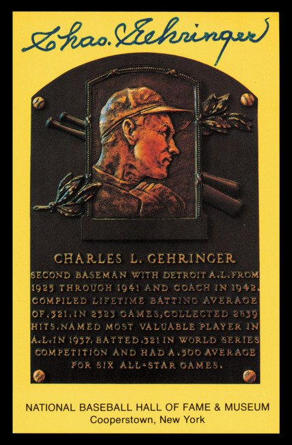 Charles Gehringer Autographed Hall of Fame HOF Plaque Postcard Detroit Tigers SKU #240802