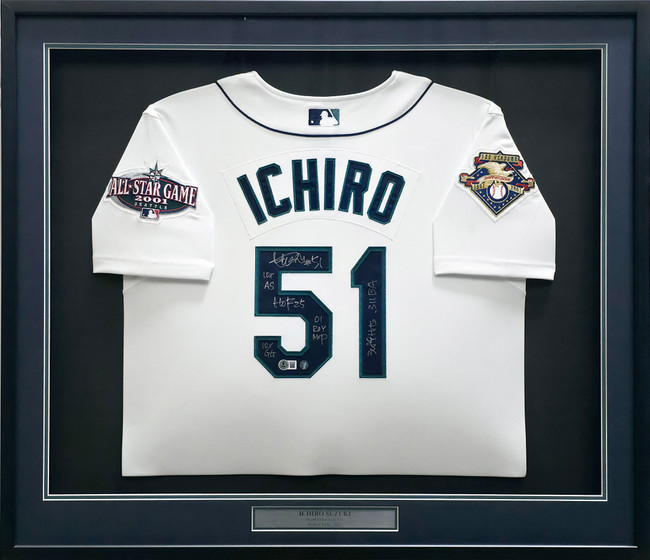 Seattle Mariners Ichiro Suzuki Autographed Framed White Mitchell & Ness 2001 All Star Game Patch Rookie Year Jersey With 6 Stats "HOF 25" IS Holo & Beckett BAS Witness #2W517545