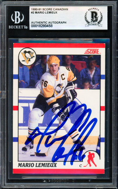 Mario Lemieux Autographed 1990-91 Score Canadian Card #2 Pittsburgh Penguins Beckett BAS #18280458