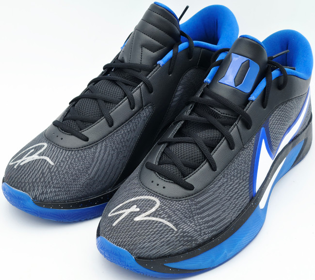 Giannis Antetokounmpo Autographed 2024 Player Exclusive (PE) Promo DUKE BLUE DEVILS Black, White & Game Royal Nike Zoom Freak 6 NCAA P Shoes Size 17 (No Box) Beckett BAS Witness #3W396446 & #3W396447