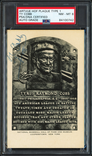 Ty Cobb Autographed Artvue Hall of Fame HOF Plaque Postcard Detroit Tigers Auto Grade Near Mint/Mint 8 PSA/DNA #84100742