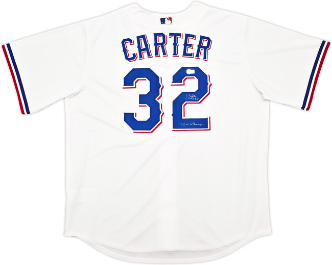 Texas Rangers Evan Carter Autographed White Nike Jersey Size XL "23 WS Champs" Beckett BAS Witness Stock #252437