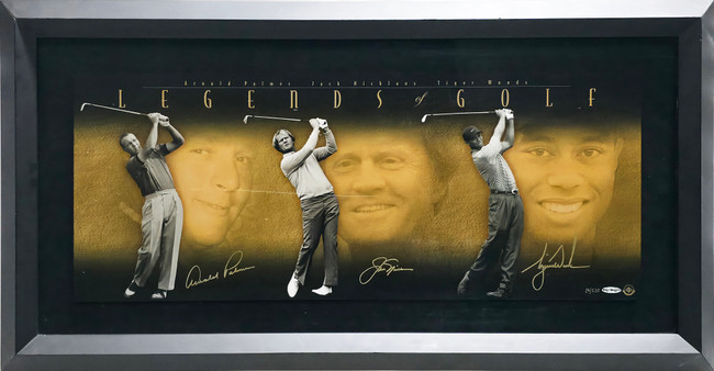 Tiger Woods, Jack Nicklaus & Arnold Palmer Autographed Framed 'Legends of Golf' 12x30 Photo Beckett BAS, PSA/DNA & UDA Holo #BAJ56321