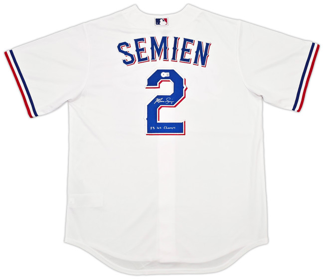 Texas Rangers Marcus Semien Autographed White Nike Jersey Size L "23 WS Champs" Beckett BAS Witness Stock #252433