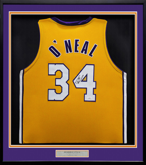 Los Angeles Lakers Shaquille O'Neal Autographed Framed Gold Jersey JSA Witness Stock #253343